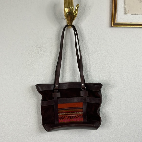 Bolivian Suede Leather Stamped Tapestry Bucket Shoulder Tote Bag - Picture 7 of 9